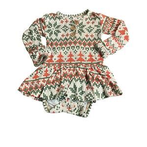 Posh Peanut Christmas white green needlepoint long sleeve one piece SIZE 0-3M